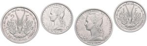 French Equatorial Africa, Colony, 1 & 2 Francs Aluminum 1948, Winged bust left, KM 6/7, A.UNC
