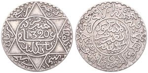 Morocco, Kingdom, Abd al-Aziz, 1/4 Rial (2-1/2 Dirhams) Silver AH1320, Inscriptions within inner circle, KM 20.1, XF