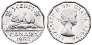 Canada, Confederation, Elizabeth II, 5 Cents Chrome Plated Steel 1953, Laureate bust right, KM 50, UNC