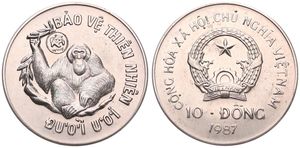 Vietnam, Socialist Republic, 10 Dong Copper-Nickel 1987, Wildlife Preservation - Orangutan, KM 28, UNC