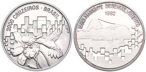 Brazil, Republic, 2000 Cruzeiros Silver 1992, U.N. Conference on Environment and Development, KM 622, PROOF