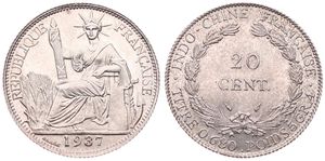 French Indo-China, Colony, 20 Cents Silver 1937, Liberty seated left with fasces, KM 17.2, A.UNC