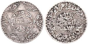 Morocco, Kingdom, Abd al-Aziz, 1/2 Rial (5 Dirhams) Silver AH1320, Inscriptions within inner circle, KM 21.1, XF