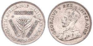 South Africa, British Colony, George V, 3 Pence Silver 1927, Crowned bust left, KM 15.1, A.XF