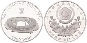 Korea-South, Republic, 5000 Won Silver 1987, Olympics - Stadium, KM 60, PROOF