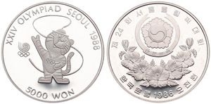 Korea-South, Republic, 5000 Won Silver 1986, Olympics - Tiger Mascot, KM 54, PROOF