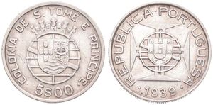 Saint Thomas & Prince, Portuguese Colony, 5 Escudos Silver 1939, National arms, KM 6, XF