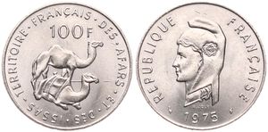French Afars & Issas, Colony, 100 Francs Copper-Nickel 1975, Pair of Dromedary Camels, KM 19, UNC