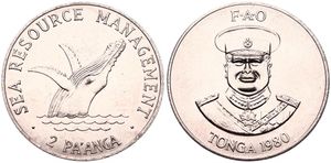 Tonga, Kingdom, Taufa'ahau Tupou IV, 2 Pa'anga Copper-Nickel 1980, F.A.O. - SEA Resource Management - Humpback Whale, KM 63, B.UNC