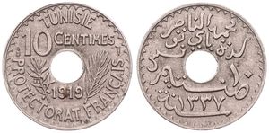 Tunisia, French Protectorate, Muhammad al-Nasir Bey, 10 Centimes Nickel-Bronze AH1337-1919, Inscription around center hole within sprigs, KM 243, XF