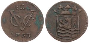 Netherlands East Indies, V.O.C., 1 Duit Copper 1753, Crowned Zeeland arms, KM 152.3, VF