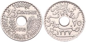 Tunisia, French Protectorate, Muhammad al-Nasir Bey, 25 Centimes Nickel-Bronze AH1337-1919, Inscription around center hole within sprigs, KM 244, XF