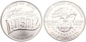 United States of America, Republic, 1 Dollar Silver 1991D, 50th Anniversary of the USO, KM 232, UNC