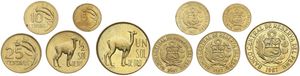 Peru, Republic, 5, 10, 25 Centavos & 1/2, 1 Sol Brass 1967, Various designs, KM div, UNC