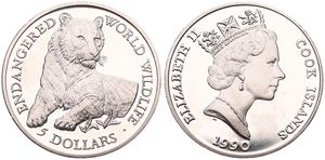 Cook Islands, New Zealand Dependency, 5 Dollars Copper-Nickel 1990, Endangered Wildlife - Tiger, KM 181, B.UNC