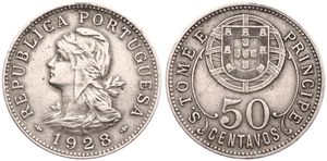 Saint Thomas & Prince, Portuguese Colony, 50 Centavos Nickel-Bronze 1928, Liberty head left, KM 1, VERY RARE KEY DATE !, VF+