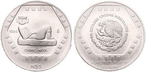 Mexico, Estados Unidos, 5 Nuevo Pesos Silver 1994, Chaac Mool - Reclining Figure, KM 574, UNC