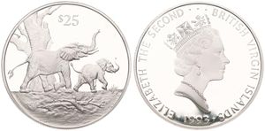 British Virgin Islands, Colony, Elizabeth II, 25 Dollars Silver 1993, Endangered Wildlife - African Elephants, KM 143, PROOF