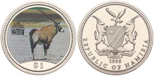 Namibia, Republic, 1 Dollar Copper-Nickel 1995, Miss Universe Namibia - Multicolor Gemsbok, KM 7, PROOF