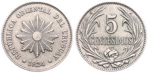 Uruguay, Republic, 5 Centesimos Copper-Nickel 1924(p), Radiant sun design, KM 21, A.UNC
