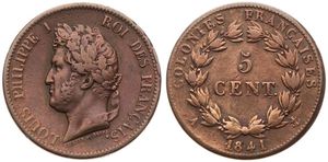 French Colonies, Colonial Coinage, Louis Philippe I, 5 Centimes Bronze 1841A, Laureate head left, KM 12, VF