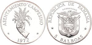 Panama, Republic, 5 Balboas Silver 1972, F.A.O. - Hand holding leafy plant, KM 30, PROOF