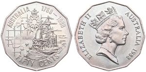 Australia, British Colony, Elizabeth II, 50 Cents Copper-Nickel 1988, Australian Bicentennial, KM 99, B.UNC