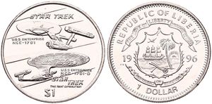 Liberia, Republic, 1 Dollar Copper-Nickel 1996, Star Trek - 2 Different Starships, KM 207, UNC