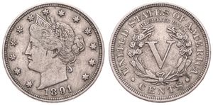 United States of America, Republic, 5 Cents Copper-Nickel 1891, Liberty nickel, KM 112, VF 