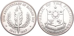 Philippines, Republic, 1 Peso Silver ND (1967), 25th Anniversary of the Bataan Day, KM 195, PROOFLIKE