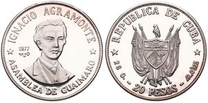 Cuba, Second Republic, 20 Pesos Silver 1977, Ignacio Agramonte, KM 38, PROOF