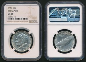 United States of America, Republic, 1/2 Dollar Silver 1936, Bridgeport - Connecticut Centennial, KM 175, NGC Graded MS-64