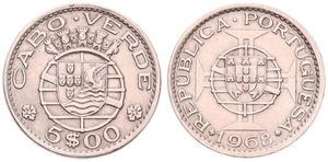 Cape Verde, Portuguese Colony, 5 Escudos Nickel-Bronze 1968, National arms, KM 12, XF