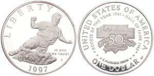 United States of America, Republic, 1 Dollar Silver 1997S, Jackie Robinson, KM 279, PROOF