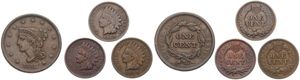 United States of America, Republic, Very good lot with 4 different older copper and bronze 1 Cent coins in various grades...