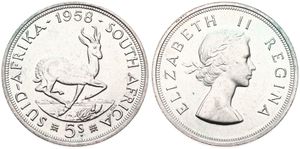 South Africa, British Colony, Elizabeth II, 5 Shillings Silver 1958, Laureate head right - Springbok, KM 52, UNC