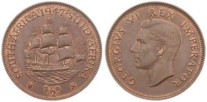 South Africa, British Colony, George VI, 1/2 Penny Bronze 1947, Head left, KM 24, A.UNC