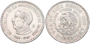 Mexico, Estados Unidos, 10 Pesos Silver 1957, 100th Anniversary of the Constitution, KM 475, A.UNC