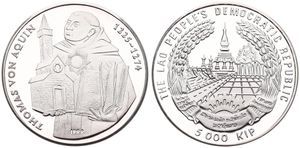 Lao, Peoples Democratic Republic, 5000 Kip Silver 1999, St. Thomas Aquinas 1225-1274, KM 92, PROOF