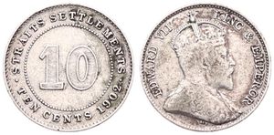Straits Settlements, British Colony, Edward VII, 10 Cents Silver 1902, Crowned bust right, KM 21, A.VF