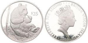 British Virgin Islands, Colony, Elizabeth II, 25 Dollars Silver 1993, Endangered Wildlife - Giant Panda eating bamboo, KM 151, PROOF