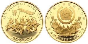 Korea-South, Republic, 25000 Won Gold 1986, Seoul Olympics - Folk dancing, KM 58, PROOF, Comes in original box with certificate of authenticity (*)