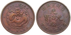 China, Fukien Province, 10 Cash Copper ND (1901-1905), Dragon within beaded circle, KM 100, VF