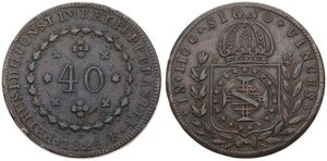Brazil, Empire, Pedro I, 40 Reis Copper 1824R, Crowned national arms, KM 363.1, VF
