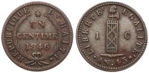 Haiti, Republic, 1 Centime Copper 1846 / AN 43, Liberty cap on top, KM 25, A.XF