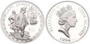 Cook Islands, New Zealand Dependency, 10 Dollars Silver 1994, Captain James Cook and Sailingship, KM 358, PROOF