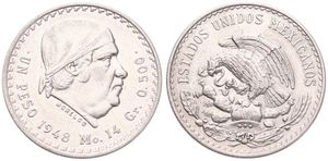 Mexico, Estados Unidos, 1 Peso Silver 1948, Head of Morelos with headcovering right, KM 456, A.UNC