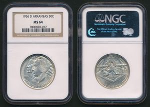 United States of America, Republic, 1/2 Dollar Silver 1936D, Arkansas Centennial, KM 168, NGC Graded MS-64