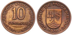 Mozambique, Portuguese Colony, 10 Centavos Bronze 1936, National arms, KM 63, XF