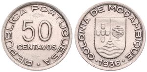 Mozambique, Portuguese Colony, 50 Centavos Copper-Nickel 1936, National arms, KM 65, XF